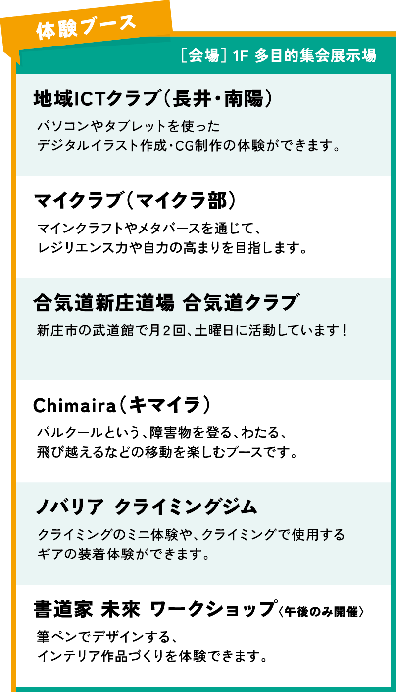 地域ICTクラブ（長井・南陽）、マイクラブ（マイクラ部）、Chimaira（キマイyラ）、ノバリア クライミングジム、書道家 未来